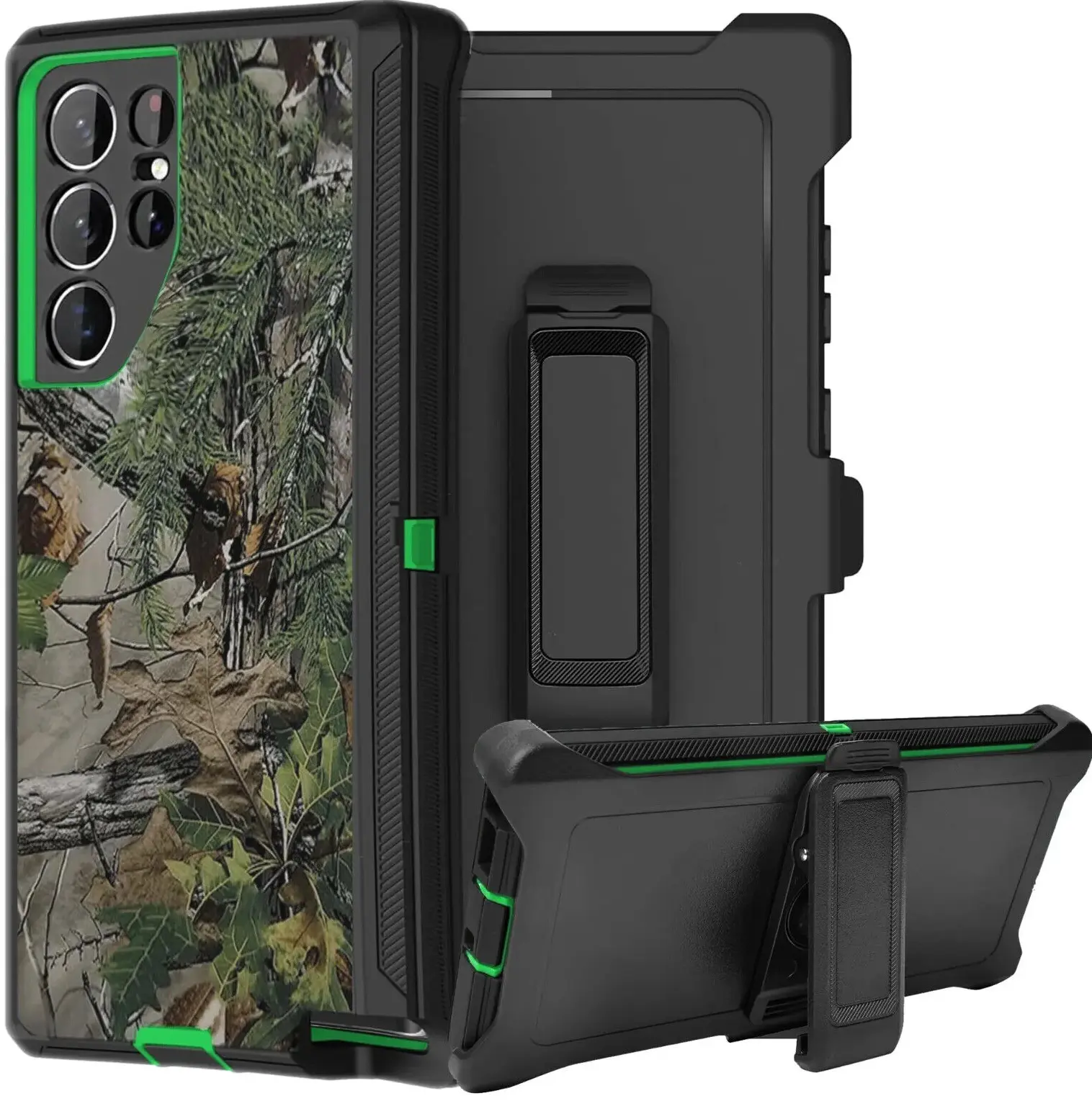 Rugged Defender Case For Samsung Galaxy S24/S24 Plus/S24 Ultra Shockproof Heavyduty Protection Case With Belt Clip(Green-Tree)