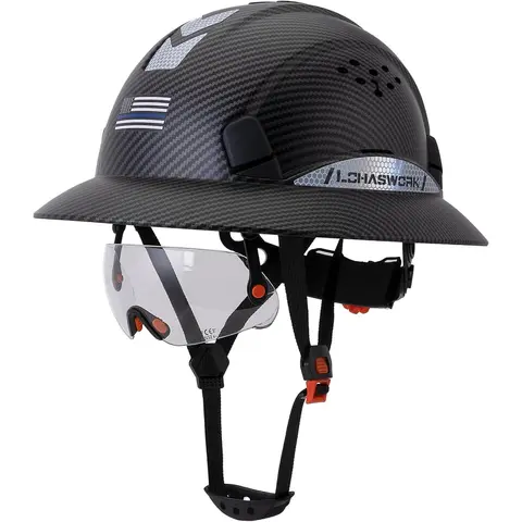 ABS Full Brim Construction Hard Hat - 6-Point Adjustable Ratchet Suspension, Venting, Anti-Fog Visor, Reflective Stickers, Chin Strap, Eye and Face Protection, All Seasons for Outdoor Work (1.4 lbs, 12 x 9 x 6 inches, 20.86-24.80 inches)