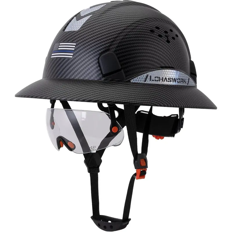 ABS Full Brim Construction Hard Hat - 6-Point Adjustable Ratchet Suspension, Venting, Anti-Fog Visor, Reflective Stickers, Chin Strap, Eye and Face Protection, All Seasons for Outdoor Work (1.4 lbs, 12 x 9 x 6 inches, 20.86-24.80 inches)