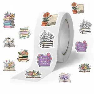 Cartoon Reading Series Sticker, 500pcs/roll Flower & Book Pattern Decorative Sticker, DIY Decals for Water Bottle, Laptop, Phone Case, Scrapbooking, Journal Making, Stickers for Scrapbooking