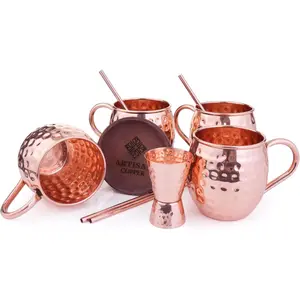 Set of 4 16oz Moscow Mule Copper Mugs - Authentic Handcrafted Hammered Solid Copper Cups Come with 4 Straws, 4 Wooden Coasters and 1 Jigger