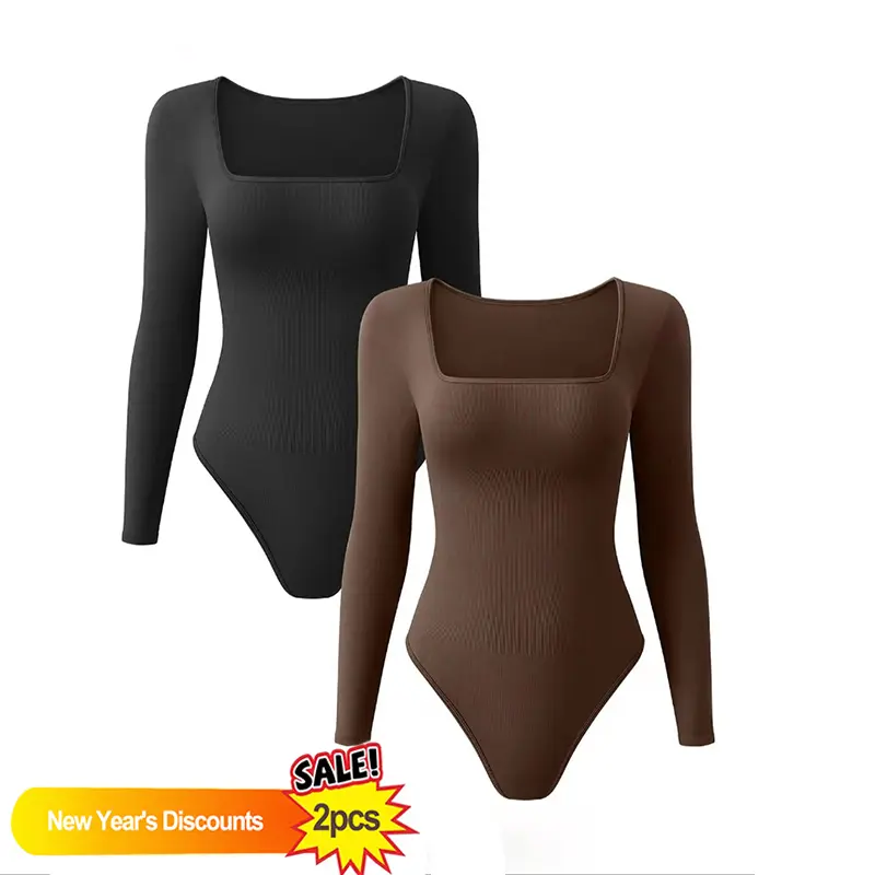 Trendy Ribbed Bodysuits for Women - 2 Pack Long Sleeve Tops Fashion Square Neckline - Body-Hugging Fit - Soft Stretchy Material - Essential Wardrobe Staple for Every Season Casual Minimalist