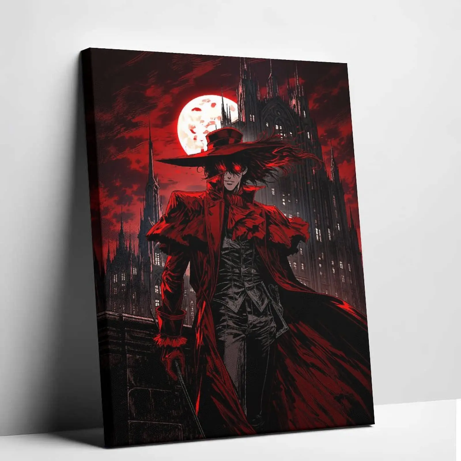 Hellsing Alucard Anime Canvas Wall Art Vampire Red Coat Poster Print Vintage Manga Gothic Castle Canvas Painting Cool Dark Aesthetic Blood Moon Picture Decor for Living Room Bedroom Studio