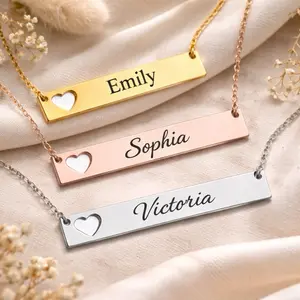 Personalized Name Bar Necklace | Custom Heart Engraved | Gold, Silver & Rose Gold | Romantic Valentine’s Gift for Her