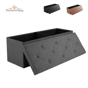 【New Color】Folding Storage Ottoman Bench Modern Linen Fabric Padded Seat Large Toy Box End of Bed Entryway Comfortable Durable Multifunctional Seater
