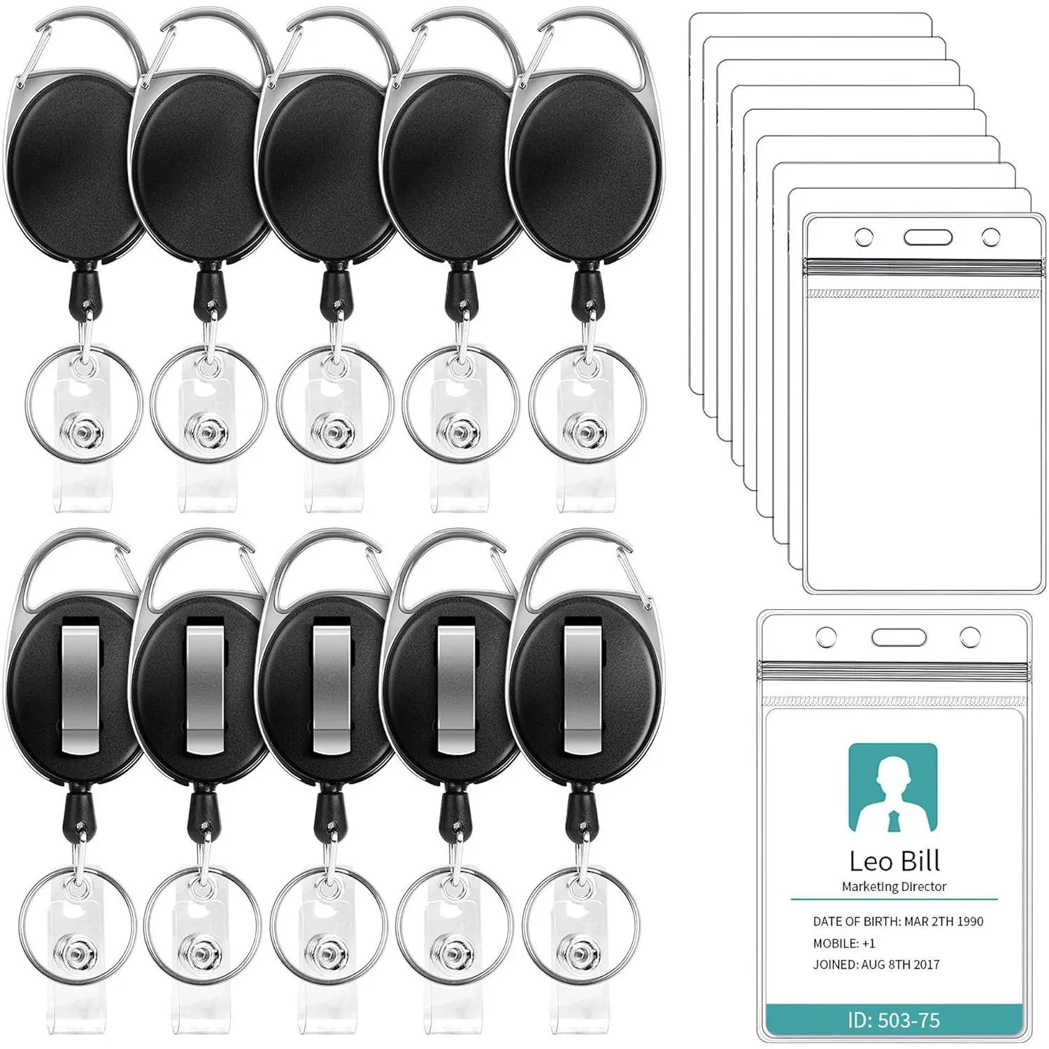 10 Pack Badge Holder with Carabiner Badge Reel and Clip Retractable Heavy Duty, Clear ID badge holder with  Vertical Lanyard, Name Badge Holders with Key Ring for Card Holder