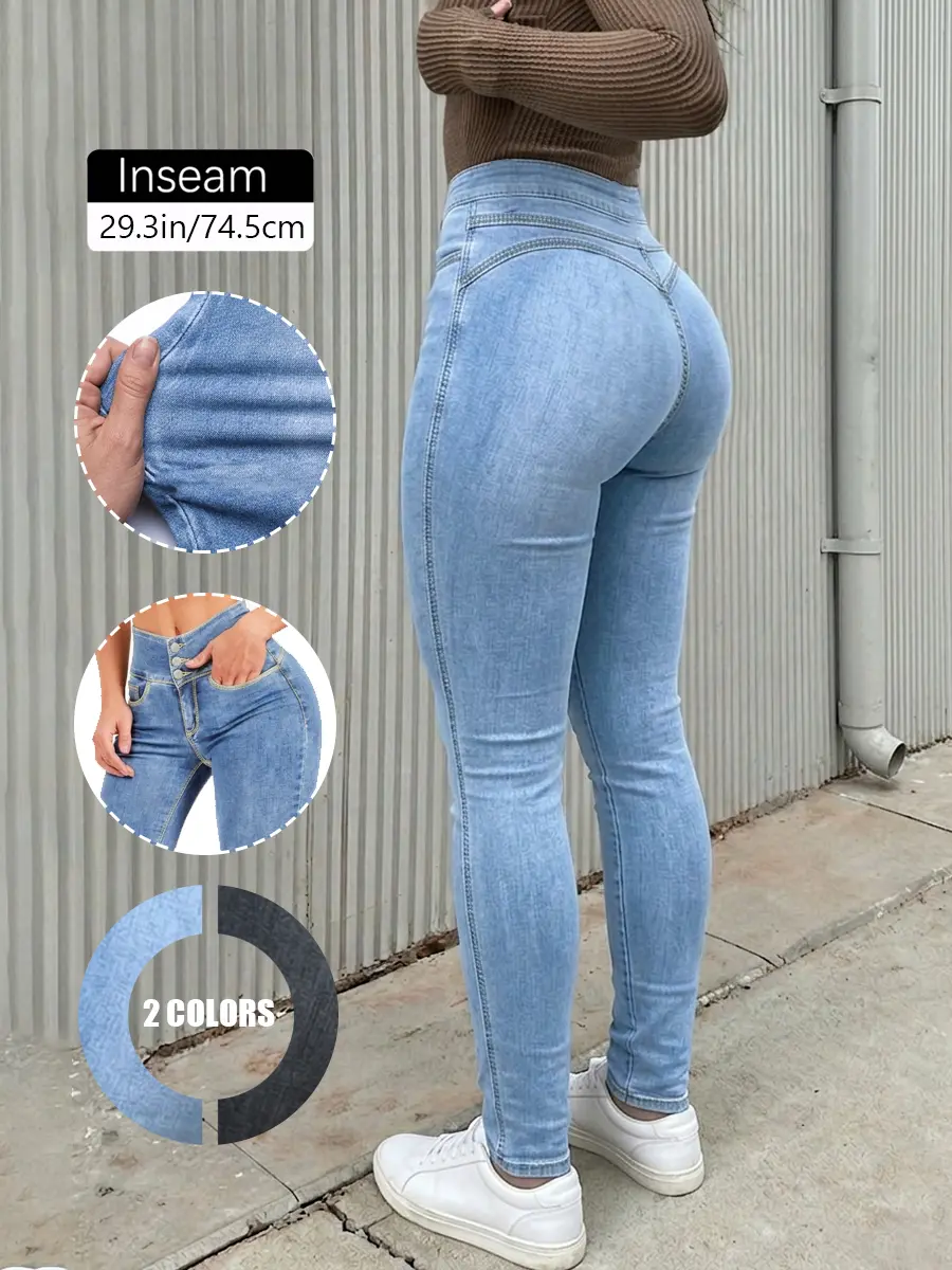 Women's High-Waisted Skinny Jeans - Light Blue Stretch Cotton Denim, Tummy Control, Minimalist Casual Wear for All Seasons - Pair with Crop Tops, Blouses (Premium Fabric), Slim Fit Jeans, Comfortable Elastic Jeans