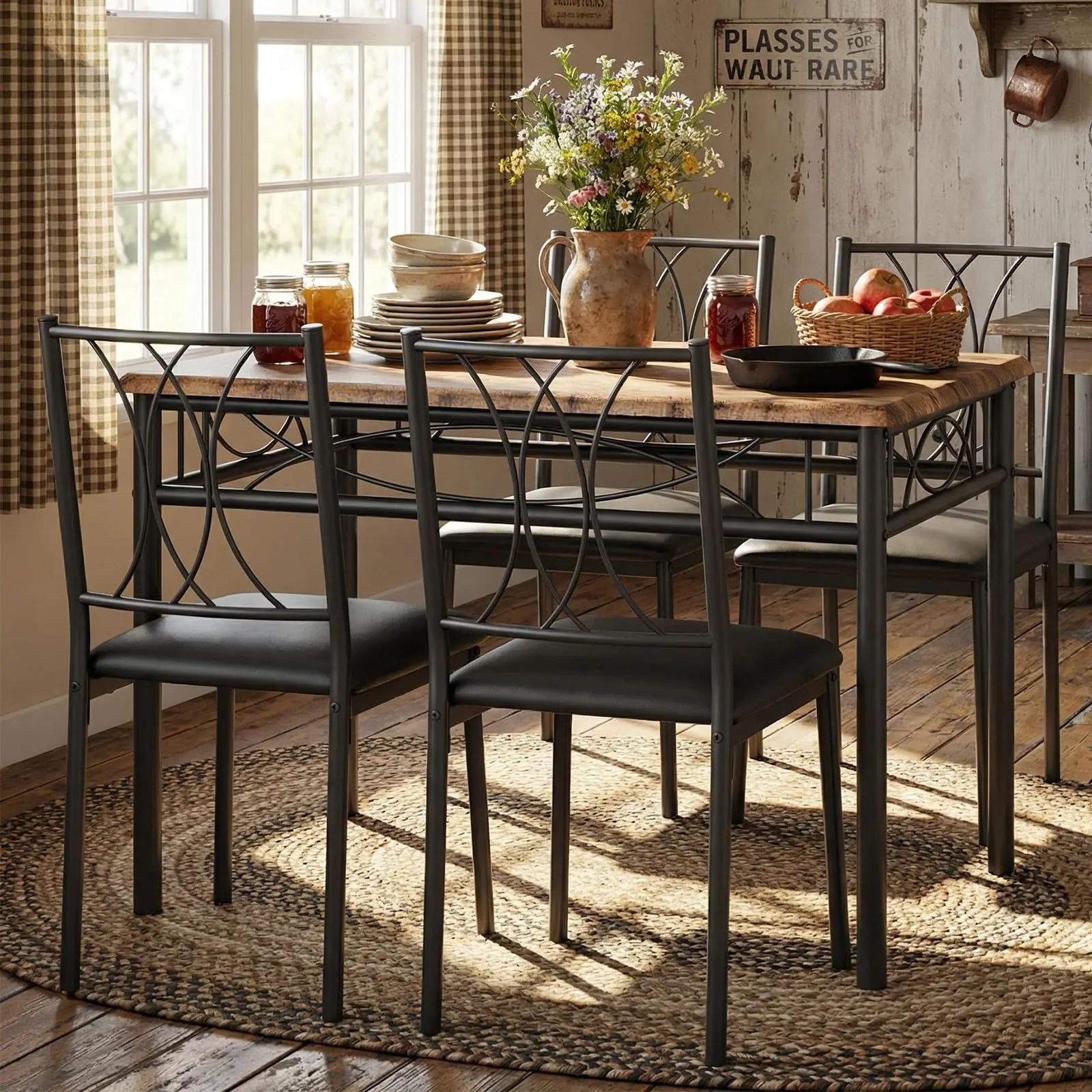Garvee 5-Piece Wooden Dinner Table Set for 4 - Rectangle Rustic Brown Kitchen Table with Upholstered Chairs, Compact Space-Saving Small Dining Room Sets for Apartments, Wooden Dining Set