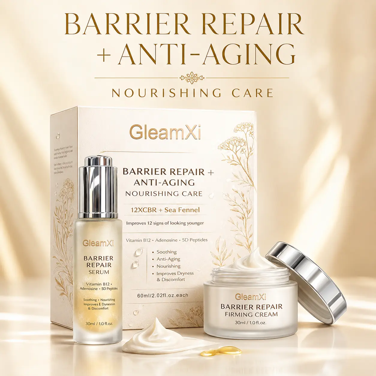 Barrier Repair Serum & Firming Cream Set Hydrating Soothing Anti Aging with Peptides Niacinamide Hyaluronic Acid for All Skin Types