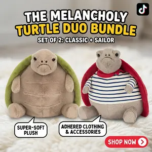 The Melancholy Turtle Duo Bundle, Set of 2 Classic & Sailor Sad Turtle Plushies, Super-Soft Stuffed Animal Toy for Emotional Support, Cute Grumpy Sea Turtle Throw Pillow, Adorable Room Decor Gift for Kids & Adults - 2 PCS Set