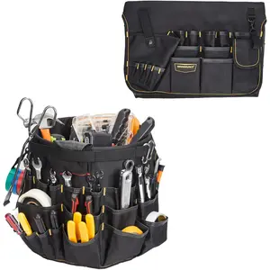 Black Heavy-Duty Tear-Proof Oxford Fabric Tool Bag - 30cm Diameter Bucket-Fitting Organizer with Multiple Pockets, Loops, Top Handle Bag for Workshop, Garage (Bucket Not Included)