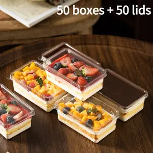 Clear Square Hinged Lid Cake Box (50 boxes + 50 lids) – Square PET Plastic Cake Box for Tiramisu, Mousse & Cupcakes | Perfect for Party, Wedding & Holiday Catering Trays