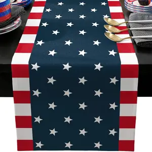 1Pcs Independence Day Themed Table Runner – Various Sizes, For Dresser Decor | Horizontal Striped Linen Fabric with Flag Pattern, Stars and Stripes | Rectangular Kitchen & Dining Table Decor, Great for Independence Day Parties & Year-Round Use