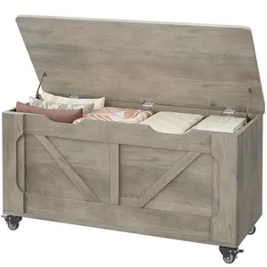 【GARVEE】Storage Chest, Storage Trunk With 4 Wheels, 39.4'' Wooden Storage Bench With 2 Safety Hinges, Blanket Chest, Entryway Bench With Storage, Supports 350 Lbs, for Living Room