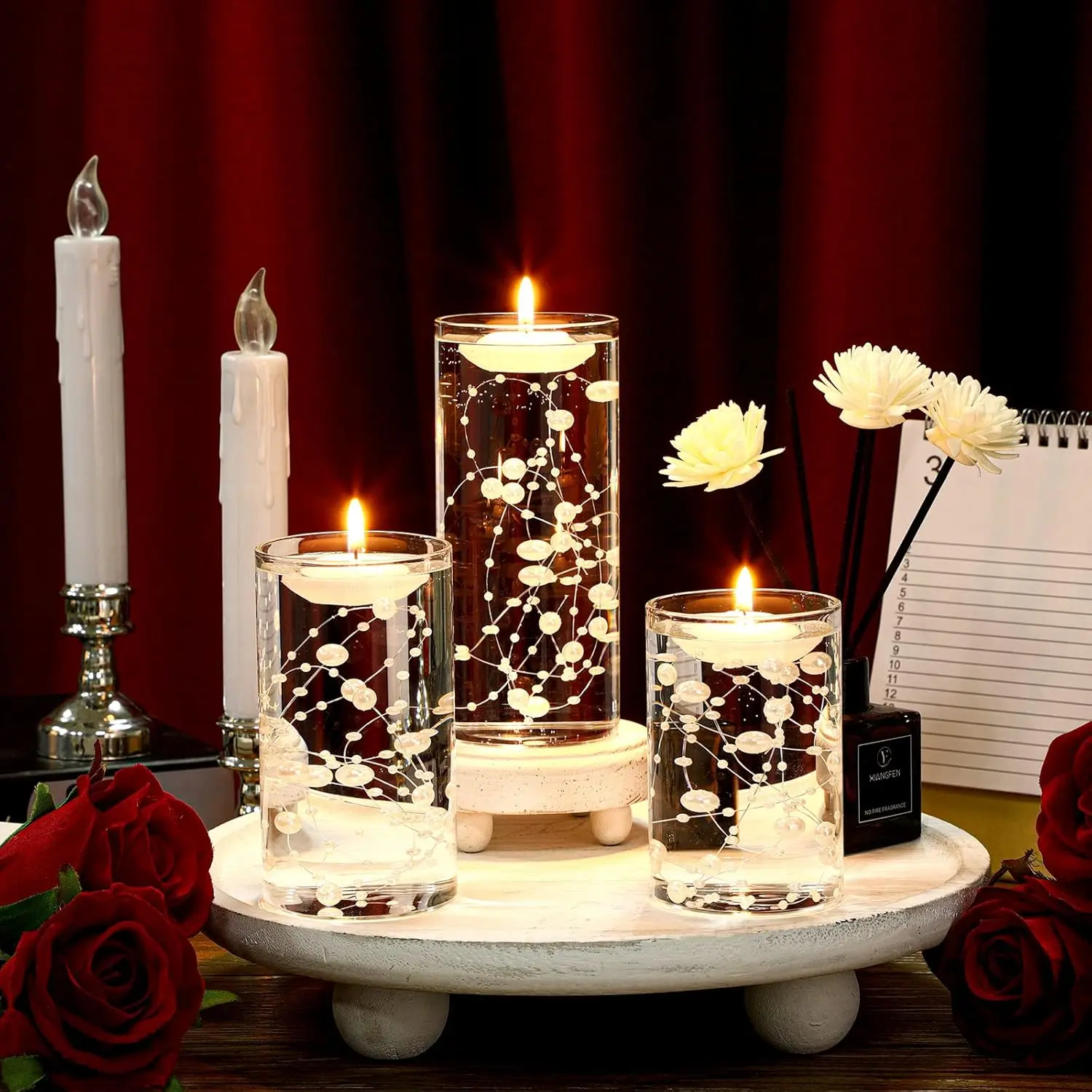 Glass Cylinder Vases for Centerpieces, Multiple Size Clear Hurricane Candleholder with Floating Candles Artificial Pearl String for Wedding Table Decor(4",4.7", 6",White)  9 Set