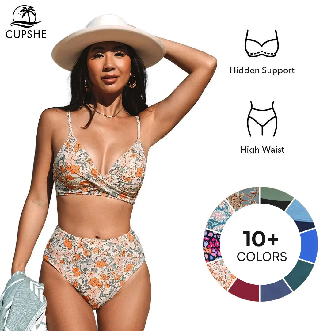 CUPSHE Women's Two Piece Swimsuit Casual Beachwear High Waisted V Neck Bikini Sets Twist Front Adjustable Spaghetti Straps Swimwear(XS-XXL) Bathing Su