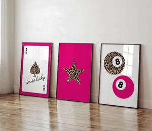 Set Of 3 Leopard Print Above Bed Dorm Print Pink Luxury Fashion Art Trendy Ace Of Spades Star Prints Leopard 8 Ball Decor Pink Gallery Set