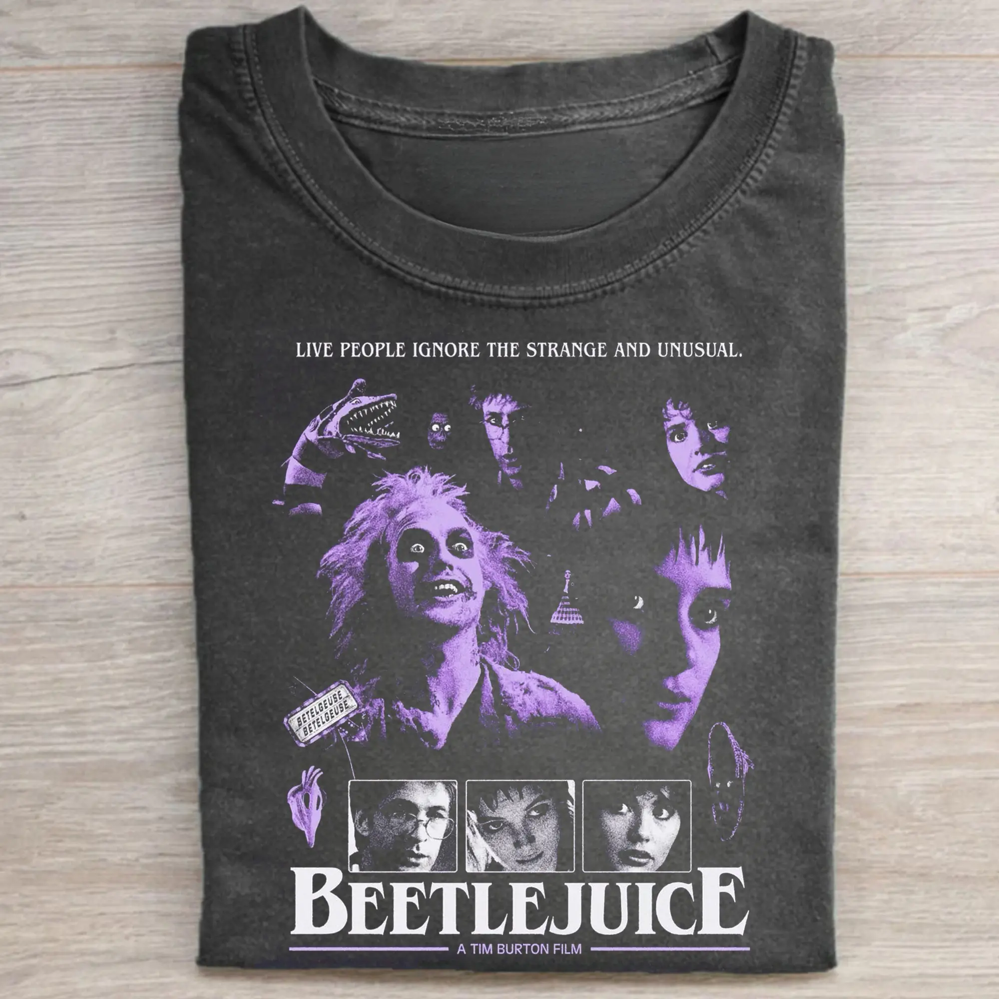 Vintage Live People Ignore The Strange and Unusual Graphic Tee - Beetlejuice Movie Shirt - Horror Movie Shirt - Halloween Season - Trick or Treat - Spooky Season - Fall Season Top Womenswear