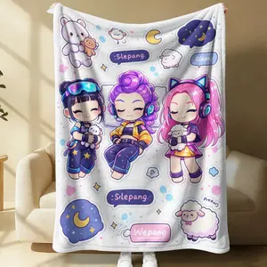 K-Pop Q Version Girl Group Print Flannel Blanket, Cyber Sweet Girl Style Cartoon Office Nap, Travel, Camping Throw Cover, Comfortable Soft Thick Sofa Bed Decor Throw Blanket, All Seasons, Fan Gift Choice