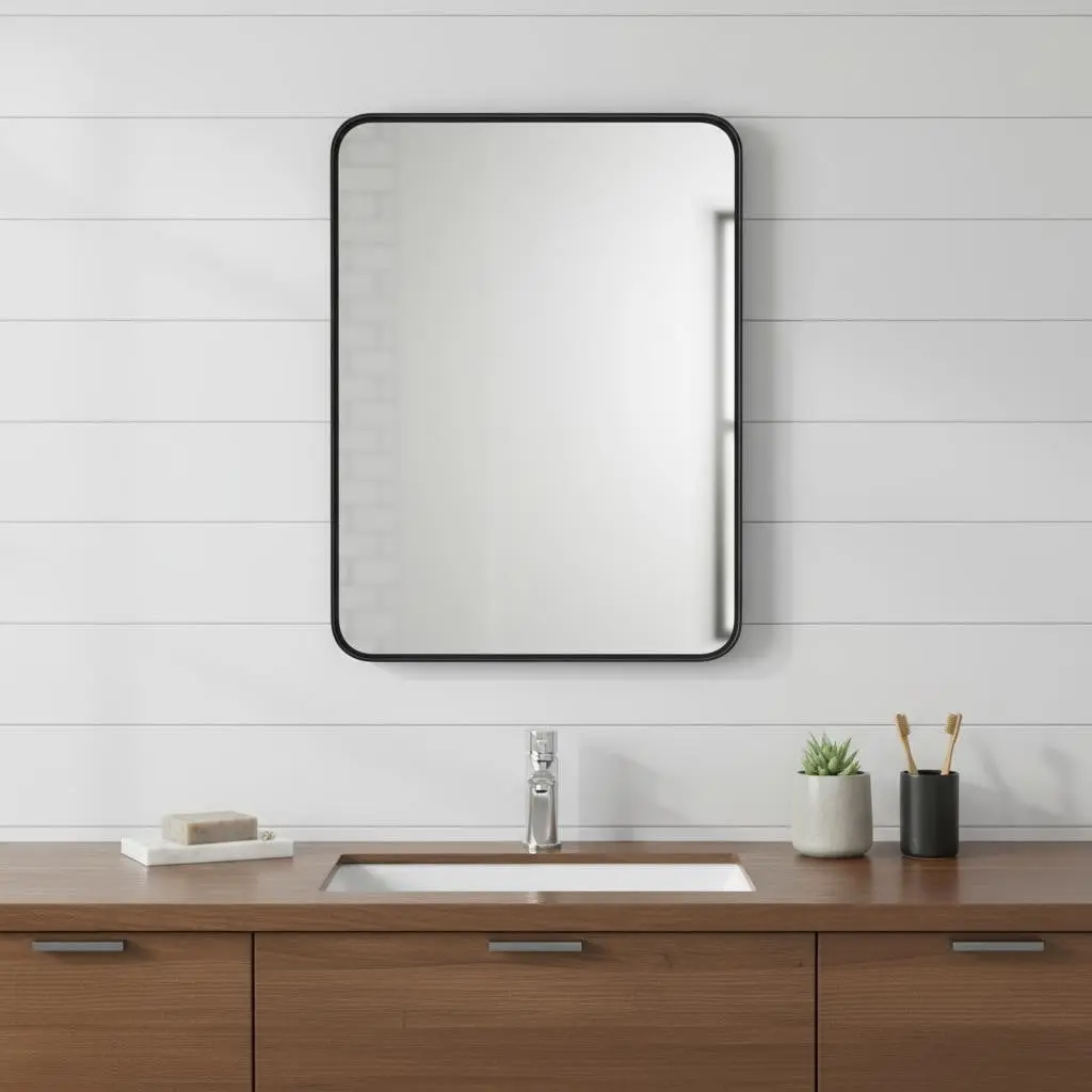 35 in. Modern Black Metal Floating Framed Bathroom Vanity Mirror (Model 636265) with 360-Degree Stand, Decorative Elegant Bathroom Mirror, Decorative Mirror, Elegant Bathroom Mirrors