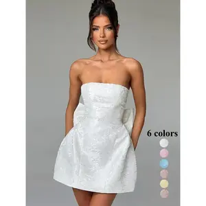 Women's Plain Big Bow Decor Lace Up Tube Dress, Elegant Strapless A Line Short Dress for Party Club Dating Wear, Ladies Summer Clothes, Coquette Dress