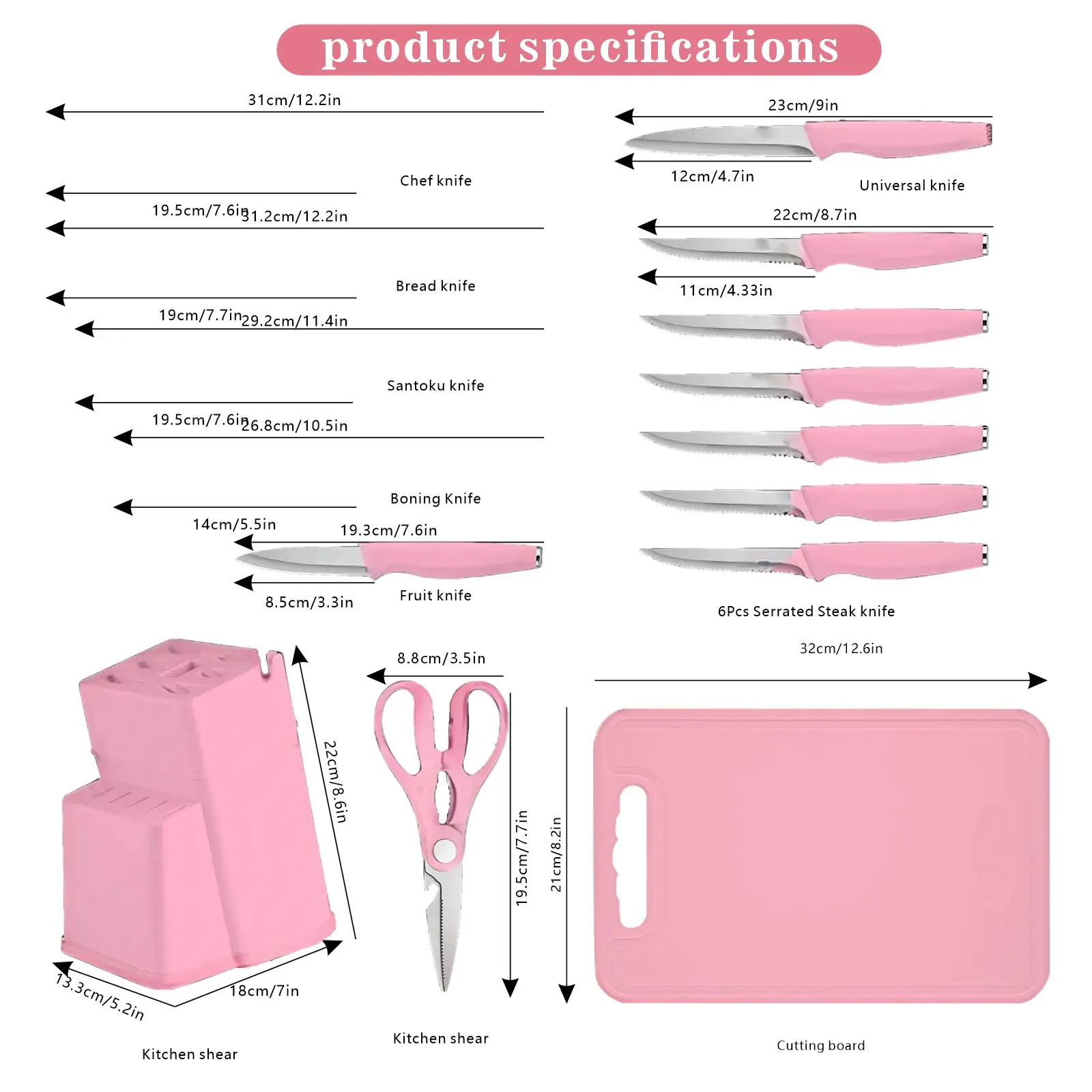 15-piece pink knife set