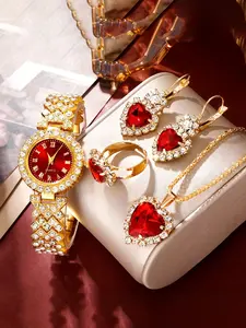 Women's Elegant Fashion Watch & Jewelry Set, Including Round Dial Analog Quartz Watch & Heart Shaped Pendant Necklace & Earrings & Ring