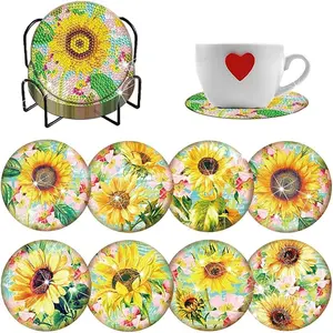 8 pieces/set of diamond painted coaster set with flower pattern coaster (with holder) - DIY diamond art craft kit for home decoration beginners, diamond craft supplies, artificial diamond art craft supplies gifts, Diamond Painting Coasters