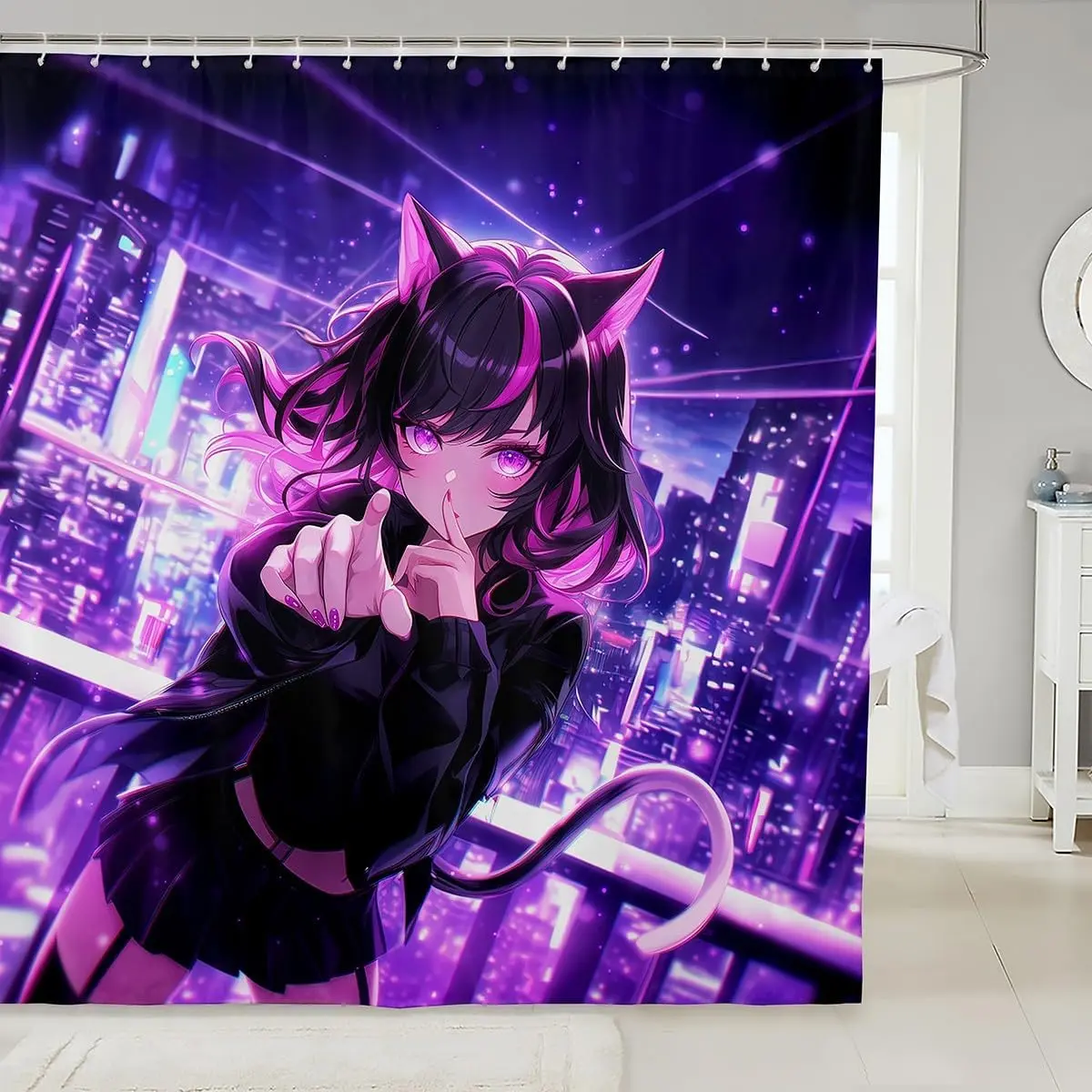 Feelyou Kawaii Polyester Anime Shower Curtain - Waterproof Japanese Cartoon Fabric Curtain, Bathroom Textile Accessory Decor