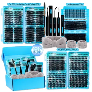 1342PCS Lash Clusters Kit D Curl 11 Styles Mix10-18mm Cat&Doll/Spikes/Wispy/Volume Lashes Kit with Bond&Seal Lash Remover Lash Brush Lash Applicator Headband Wristband set, Perfect for Beginners&Proficient, DIY at Home Easily