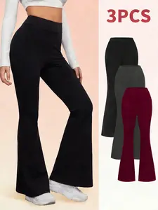 3-Pack Women'S Fleece-Lined High-Waisted Yoga Pants - Thermal Workout Leggings with Side Pockets, Non-Slip Grip, Stretchy Flare Bottoms for Running, Gym, Yoga - Winter Warmth & Tummy Control - Athletic Pants for Women