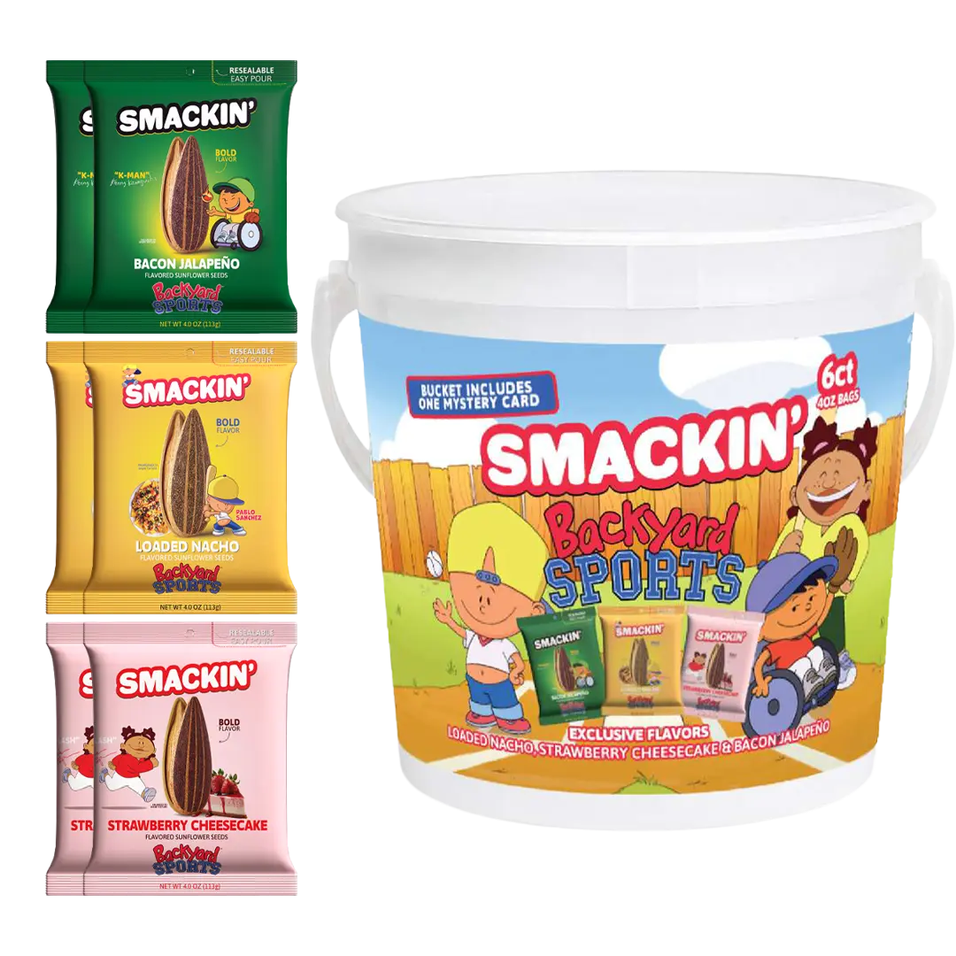 SMACKIN' x BACKYARD SPORTS Sunflower Seeds Mini Bucket - Kiesha's Strawberry Cheesecake, Kenny's Bacon Jalapeño & Pablo's Loaded Nacho - 6 Resealable 4oz Bags + Mystery Collectible Card