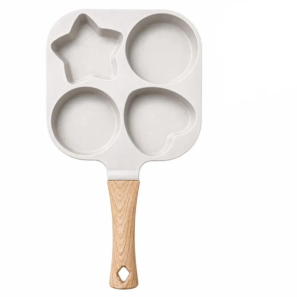 4-Cavity Non Stick Egg Frying Pan with Heart Star Round Shapes Wooden Handle Multi Compartment Breakfast Skillet Pancake Omelet Cookware for Gas Induction Stove, Lightweight, Square