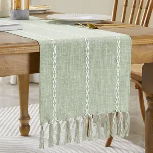 Rustic Rectangular Table Runner with Tassels, Farmhouse Style Embroidered Cloth for Parties and Dining Rooms, Sage 34x183 Cm