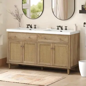 60 Inch Bathroom Vanity with Double Sink ( SMC Sink ), Large Storage Space with 2 Tip-Out Trays / Flip-Out Drawers and 4 Soft Closing Doors, Solid Wood Legs and Silver Metal Knobs, Wood Color