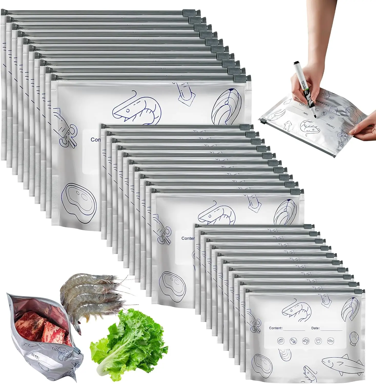 Thick 3-Size Reusable Aluminum Foil Pouch Storage Bags, 2026 New Airtight Vacuum Zipper Pouches with Label & Zip Lock for Kitchen Insulation, Stand-Up Food Storage (Vegetable, Fruit)