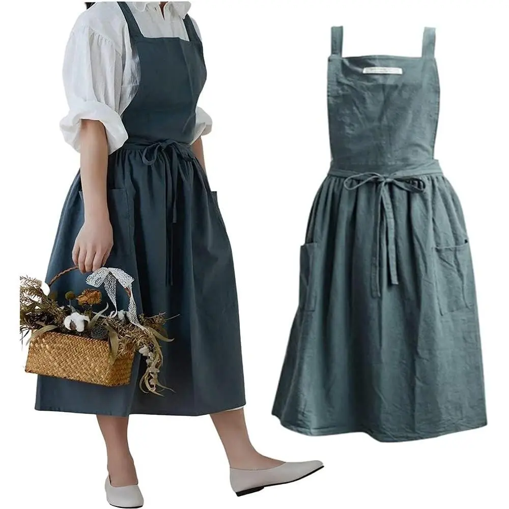 Cotton and linen Kitchen Cooking Aprons Dress for Women with Pockets Cute for Baking Painting Gardening Cleaning