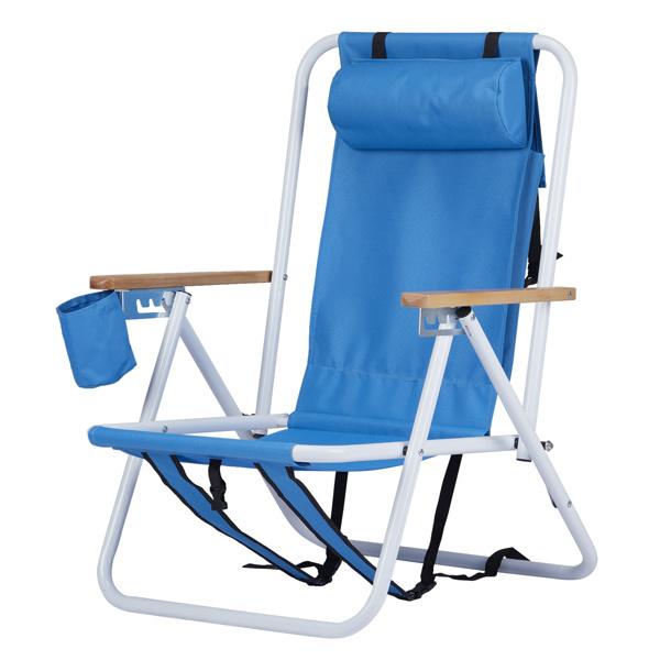 Folding Beach Chair Set of 2 for Adults 4 Position Portable Backpack Foldable Camping Chair with Headrest Cup Holder and Wooden Armrests Blue