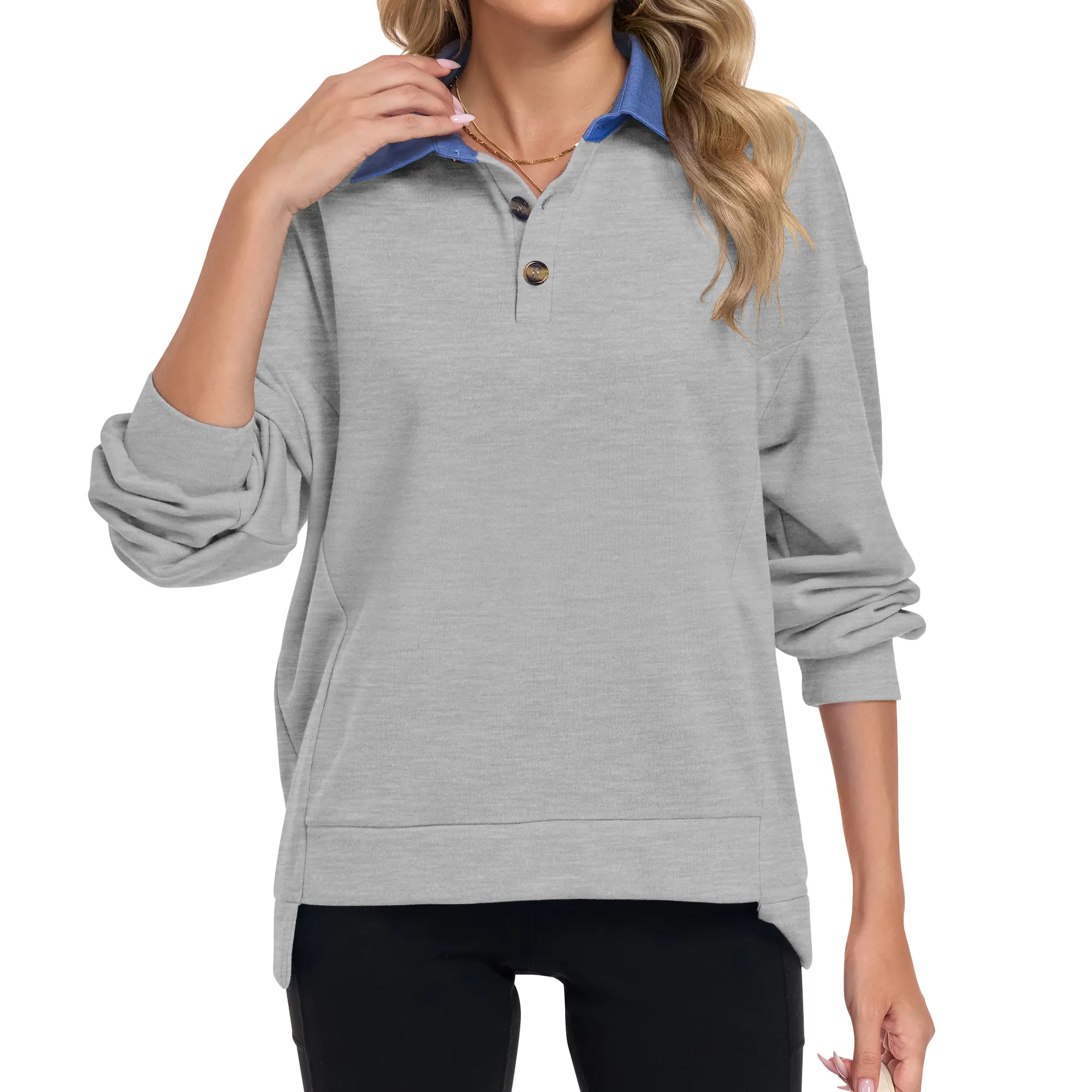 MOLERANI Women's Soft Lightweight Ribbed Sweatshirt Tops, Denim Panel Button V-Neck, Oversized Long Sleeve Pullover, Minimalist Basic Top for 2026 Fashion Womenswear Fall Winter Outfits