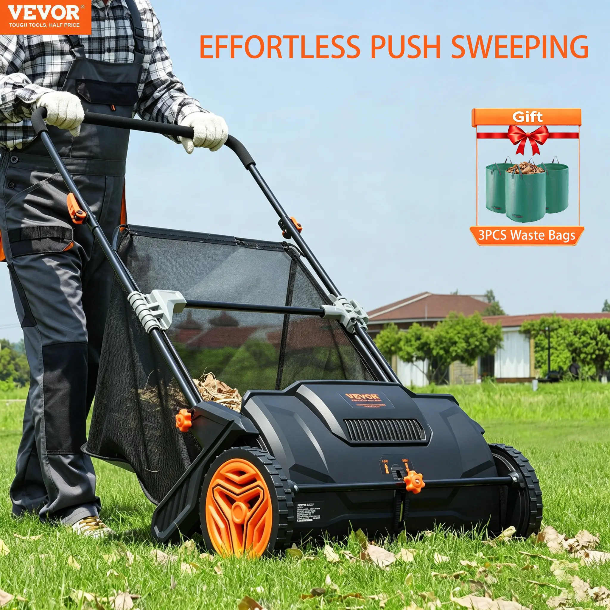 【Free 3 Waste Bags】VEVOR 21-50Inch Push Lawn Sweeper, Lawn Equipment with 3.5 Cu. Ft. Mesh Hopper Bag, 2 Spinning Brushes with Adjustable Height, Strong Rubber Wheels & Handle