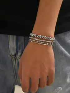 Men's Street Chunky Chain Bracelet Bundle, Stackable Bracelets, Bracelet Sets, Simple Plain Stainless Steel Link Matching Bracelets for Boyfriend Gift, Fashionable Hip Hop Jewelry for Party, Stainless Steel Bangle