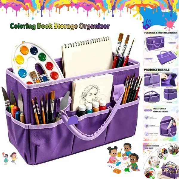 Coloring Book Storage Organizer, Foldable Multi-Compartment 600D Polyester Storage Bin with Handle for Coloring Books, Markers & Art Supplies