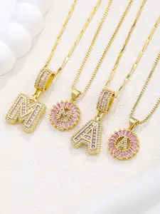 Fashion Pink Zirconia Initial Letter Design Pendant Necklace, Fashion Alphabet Pendant, Name Necklace, Fashion Jewelry for Party, Daily Clothing Decor, Trendy All-match & Exquisite Jewelry for Birthday Gift