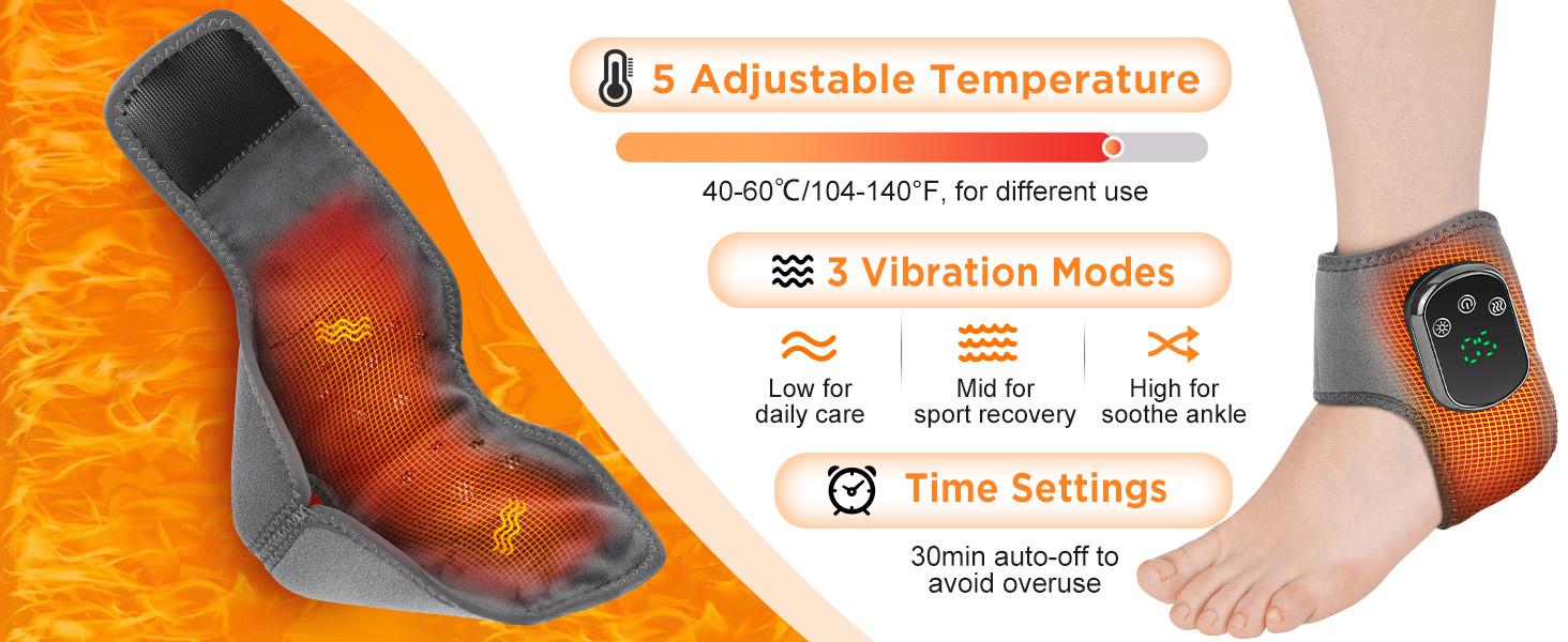 Cordless Ankle Massager with Heat, Ankle Heating Pad, USB Rechargeable Heated Brace Wrap Warmer, 5 Heat Levels, 3 Vibration Modes, Use for Daily Comfort & Active, Relax for Home Office, Christmas Gifts for Mom Dad Women Men ,ankle protection