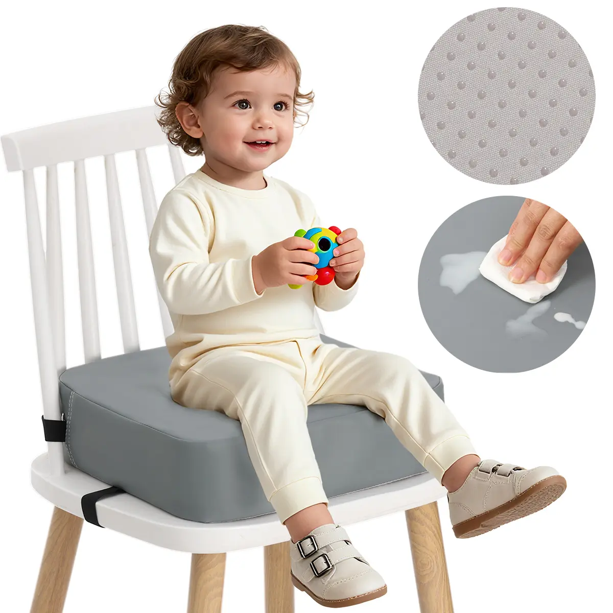BIOBY Portable Increasing Cushion, Waterproof Booster Seat for Kitchen Chair, Toddler Booster Seat for Dining Table, with Adjustable Straps, At Home or Going Out, Non-Slip, Grey