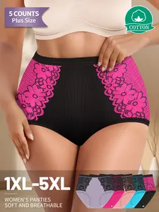 Pack of 5 Plus Size Cotton Lace Trim Panties 1xl-5xl, Soft Breathable Ribbed High Waist Underwear, Comfortable Fit for All Seasons
