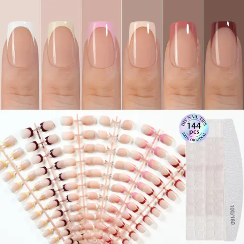 144pcs Press-On French Tips Nails, Almond Short Cat-Eye Finish, 6 Colors, Women's Nail Art Set, SG05 Model DIY Party Nails, Almond Fake Nails, Press On Sets