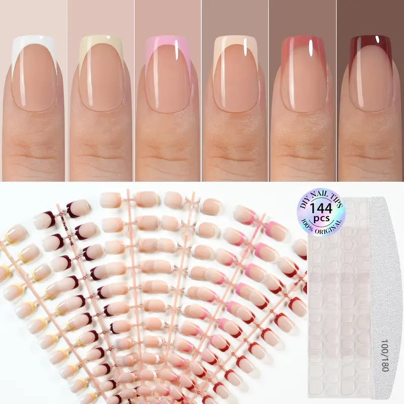 144pcs Press-On French Tips Nails, Almond Short Cat-Eye Finish, 6 Colors, Women's Nail Art Set, SG05 Model DIY Party Nails, Almond Fake Nails, Press On Sets