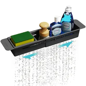 NiHome Extendable Over Sink Kitchen Organizer, Telescopic Brush Storage Rack for Sponge, Non-Slip Pads Expandable Sink Caddy, Sponge/Brush Rack Minimalist Drawer Tower Holder