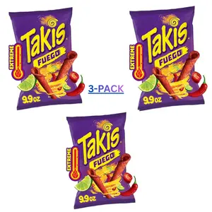 Takis Fuego 9.9 oz Sharing Size Bag, Hot Chili Pepper & Lime Rolled Tortilla Chips (Pack of 3)